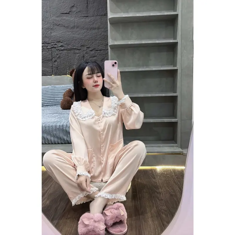 Đồ Ngủ Nữ, Đồ Bộ Tiểu Thư TAMY Pijama Tay Dài Cổ Sen Ren Tầng Chất Lụa Latin Mát Mịn - Freesize < 58Kg 7