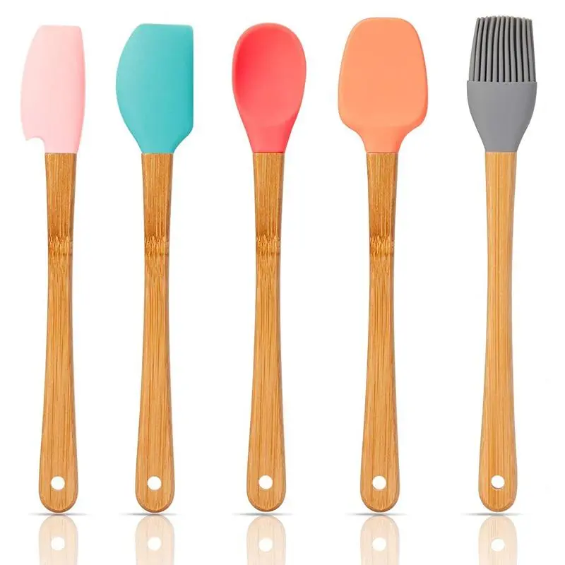 5pcs Bamboo Handle Silicone Baking Tool Set, Spatula & Basting Brush Set, Kitchen Baking Utensils Set