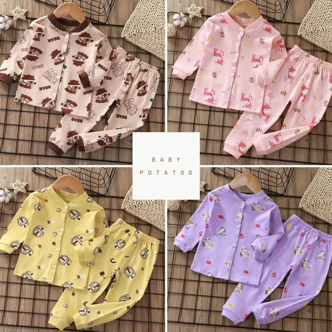 Setelan piyama baju bayi/baju tidur piyama bayi/sleepsuit bayi kancing tengah