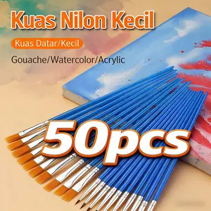 50pcs Cat Air Biru Flat Tip Sikat Runcing Sikat Kuas Lukis Set Paintbrush Akrilik Bulu Nilon Cat Air Artist Paint Brush Pena Garis Besar Lukisan Cat Minyak Guas Graffiti