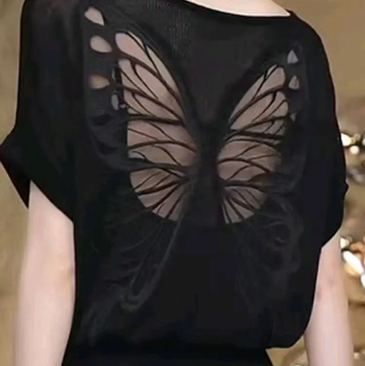 Hàng nhập - Áo len nữ dệt kim tay ngắn cánh dơi, áo kiểu Quảng Châu họa tiết bướm sau lưng Top Women 2