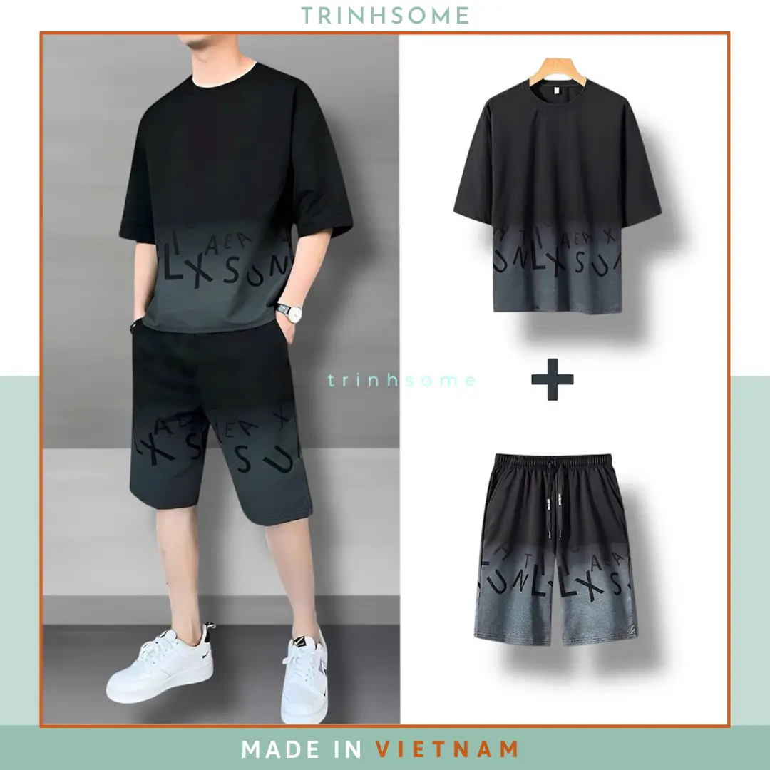 Bộ Đồ Cọc Thể Thao Nam Hè, Sport, Họa Tiết Loang Chữ Thời Trang, Năng Động, Chạy Bộ, Đủ Size Từ 25 - 85Kg Đồng, Chất Thun Lạnh Co Dãn Mát Mẻ. Mã Bc - 11