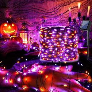 Orange and Purple Lights, 46Ft 120 LEDs Orange Lights, 8 Modes Solar Lights, Outdoor Flashing Light String with Black Line, Used for DIY Decoration of Parties