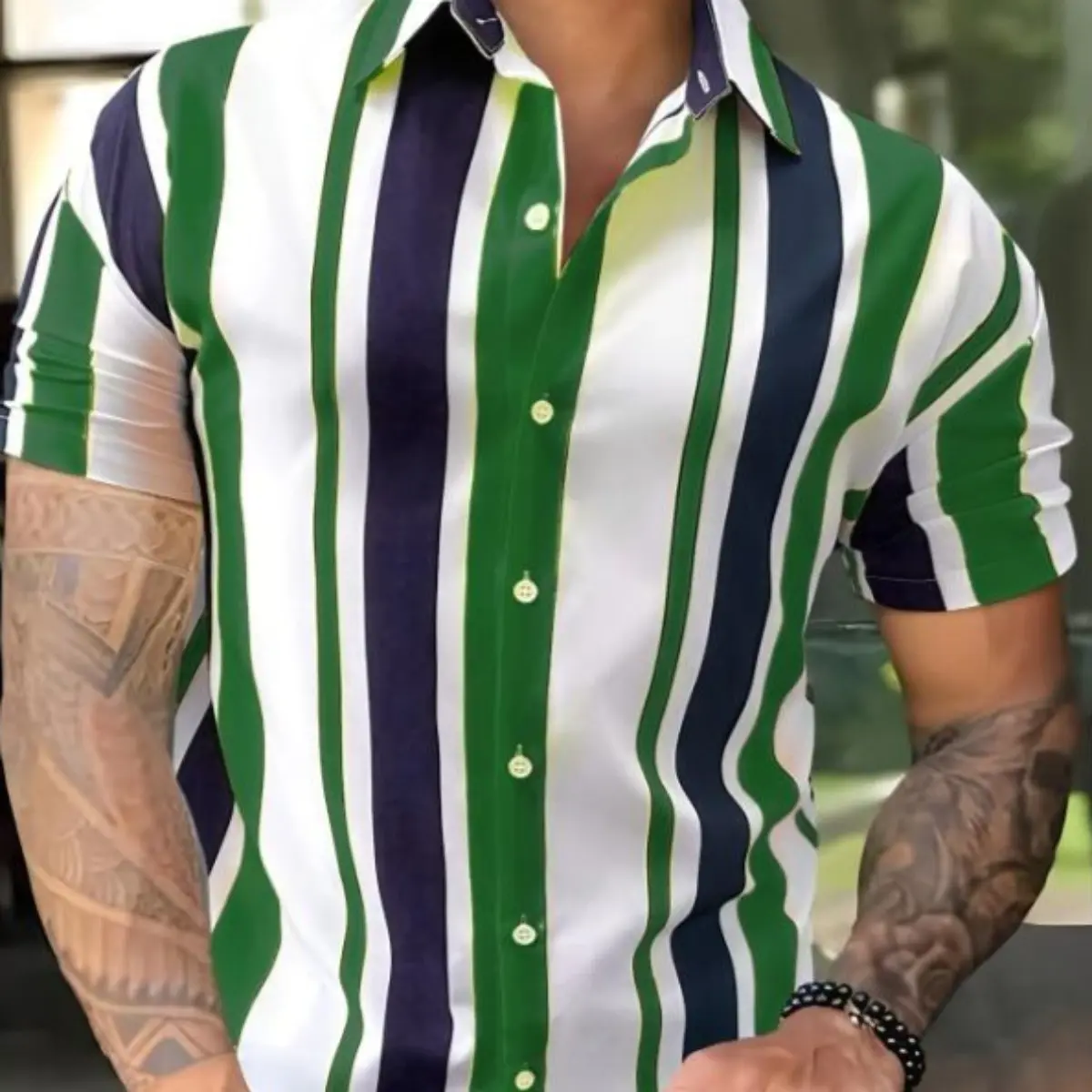 Áo Sơ Mi Hawaii Nam, Phong Cách Thường Ngày Thiết Kế Sọc Và Khối Màu, ngắn Tay, Cổ Bẻ Áo, Không Bao Gồm Áo Phông, Thích Hợp Cho Kỳ Nghỉ Hè
