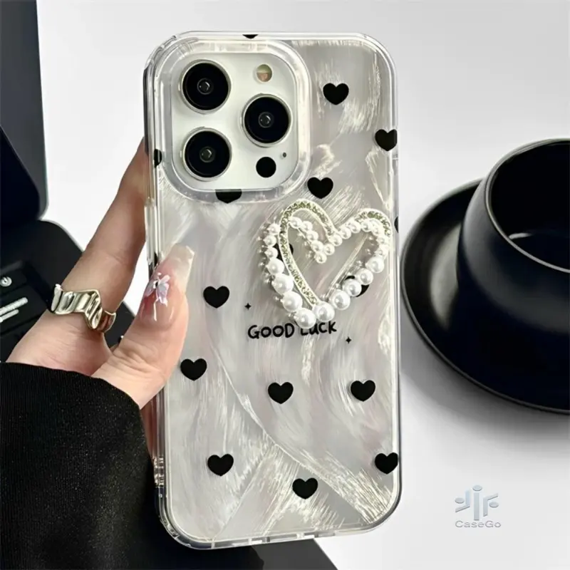 CASEGO Case hp OPPO A3X A60 A18 A38 A78 A58 A57 2022 Casing hp OPPO A17 A79 A17k A16 A16K A16E A15 A15S A54S A3S A5S A12 F9 A31 A52 A53 Reno 8T Lanyard Kesing Luxury Pearl Love Heart Bracket Shining Feather Hard Case 7