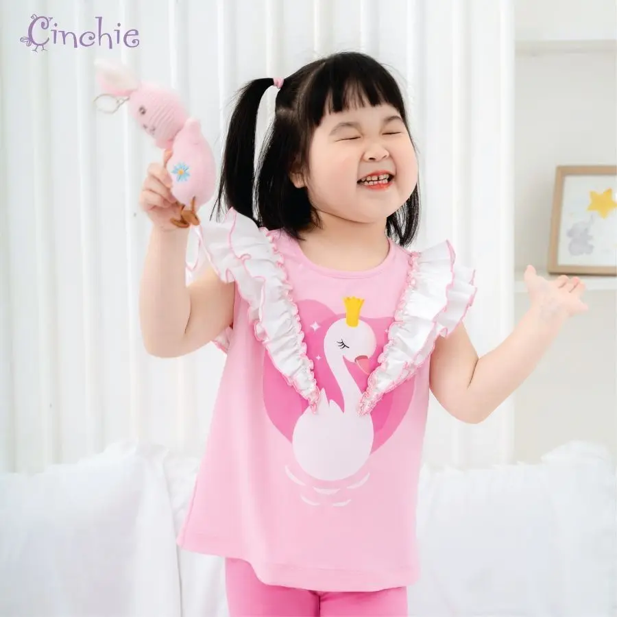 Bộ quần áo cộc tay bé gái HUMY NGO cotton cao cấp tay bèo cách điệu hoạ tiết thiên nga đáng yêu 2 - 6 tuổi [C.S004]