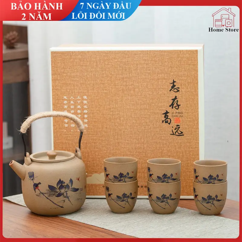 Bộ ấm chén uống trà chất liệu gốm nung thủ công, Bộ ấm tách trà họa tiết cổ điển cao cấp bộ 1 bình trà và 6 chén. Bảo hành 2 năm trên toàn quốc, đổi mới 7 ngày đầu nhận hàng. 0