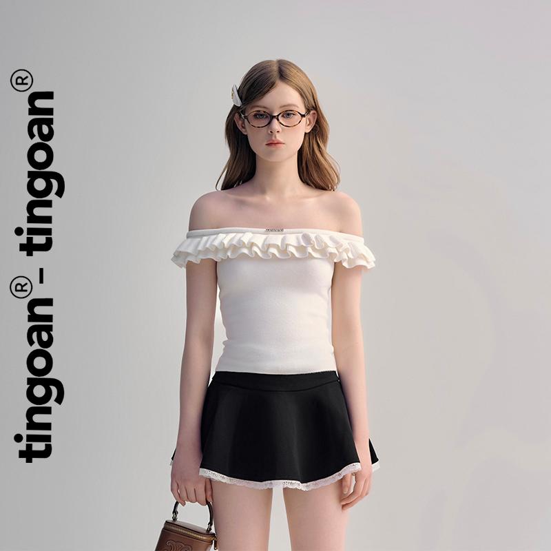 TINGOAN - Áo len xù trắng trễ vai phối hai bèo XING XING TOP/WH