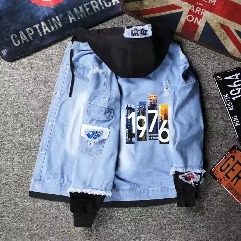 Áo Khoác Denim Có Mũ Cho Nam, Áo Khoác Denim Hai Mảnh Dáng Rộng Hợp Thời Trang Cho Thanh Thiếu Niên, Áo Thời Trang Đa Năng, Mùa Xuân Và Mùa Thu， Menswear ，Jacket