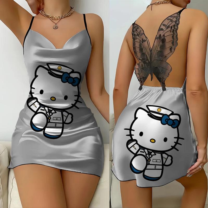 Váy Ngủ In Hình Hello Kitty, Sanrio, Vải Satin Mùa Hè, Thiết Kế Hở Lưng Gợi Cảm, Ren Bướm, Phong Cách Mặc Lót, Thích Hợp Để Nhập Vai Và Mặc Thường Ngày Váy Mặc Ngủ Thoải Mái Cho Nữ 6