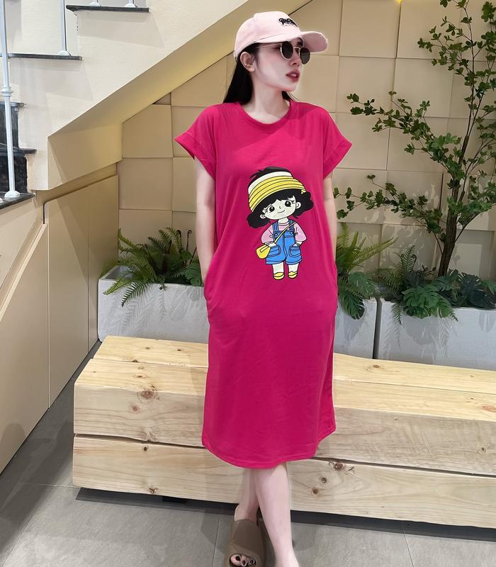 Đầm suông nữ-đầm suông bầu túi eo tay hến in họa tiết vải Thun Cotton Women Dress Cổ Tròn
