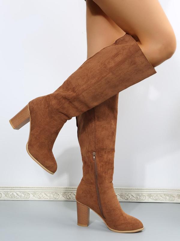 Women's Fashionable Solid Zipper Design Boots, Casual Comfortable Knee High Heels Boots for Daily Wear, Non-slip All Match Pointed Toe Winter Shoes for Party, Club 1