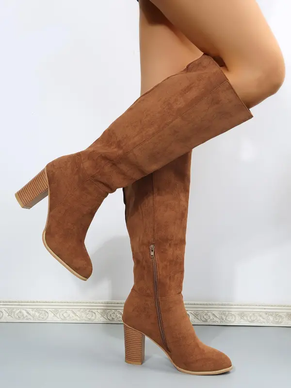 Women's Fashionable Solid Zipper Design Boots, Casual Comfortable Knee High Heels Boots for Daily Wear, Non-slip All Match Pointed Toe Winter Shoes for Party, Club 0