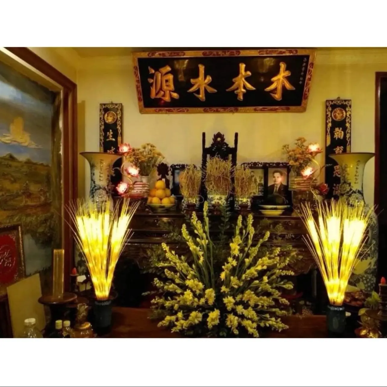 Lúa Đèn Led 2 Tầng Lá Bông Mềm , Trang Trí Tết, Tài, Bàn Thờ Gia Tiên Loại Đẹp 1 bó 10 cây