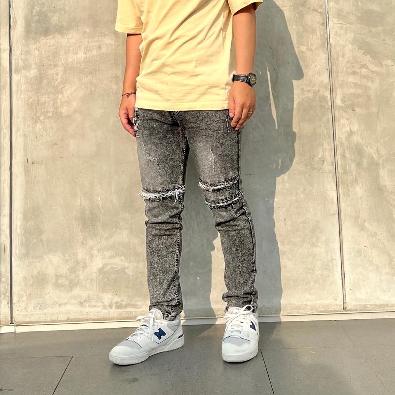Celana jeans denim pria motif sobek straigh slim ripped Stretch Panjang Fit Slimfit Skinny 3