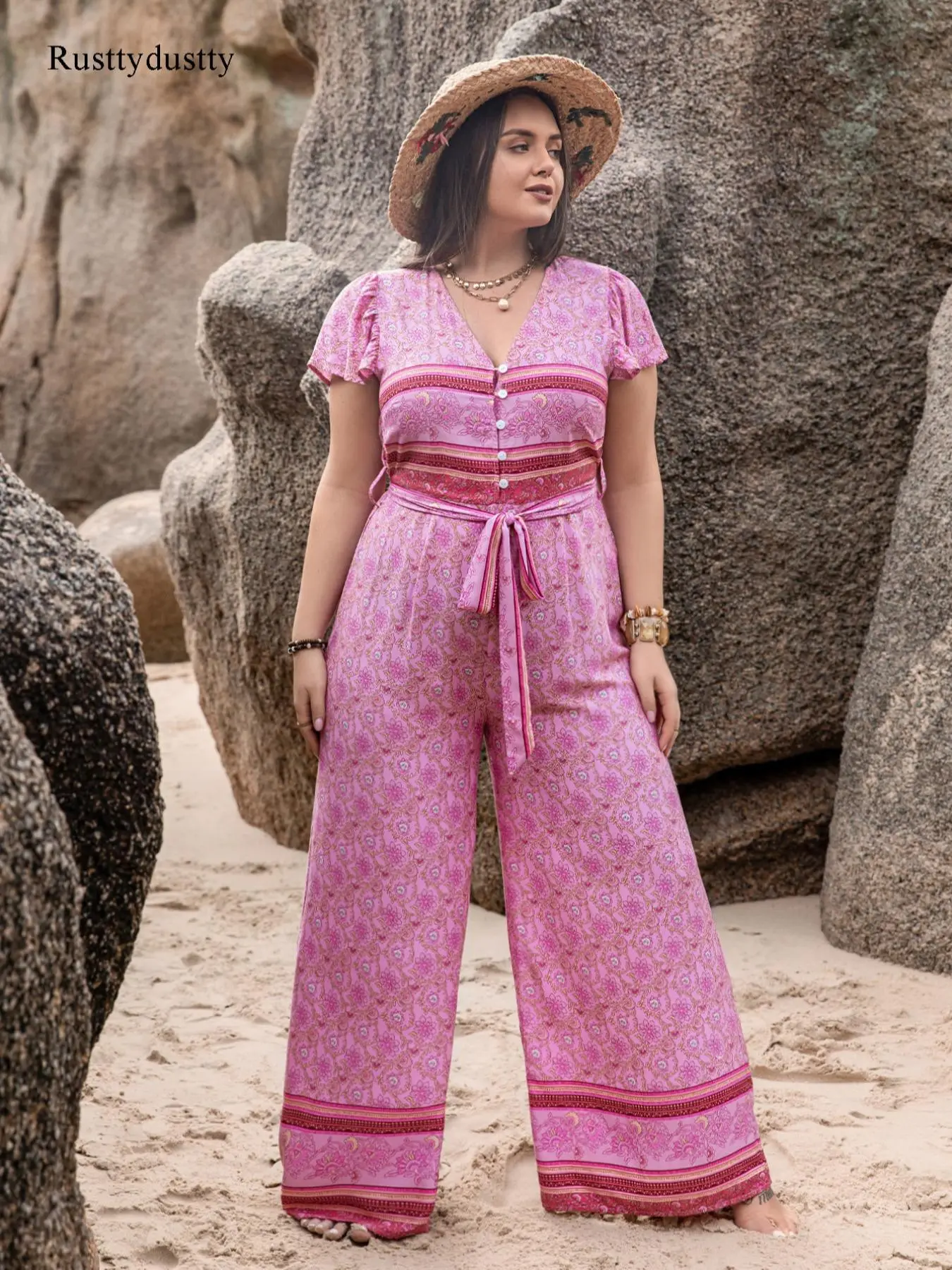 【Plus Size】 Ethnic Pattern Jumpsuit, Boho Casual Comfy Jumpsuit for Beach Vacation Holiday, Women's Clothes for All Seasons