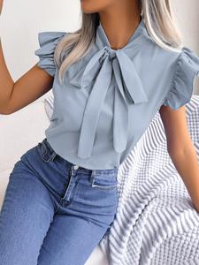 Blusa de cuello con lazo y adorno de volantes para mujer, Ropa de verano para mujer, Top de manga mariposa y manga cap para verano, Ropa de mujer para uso diario