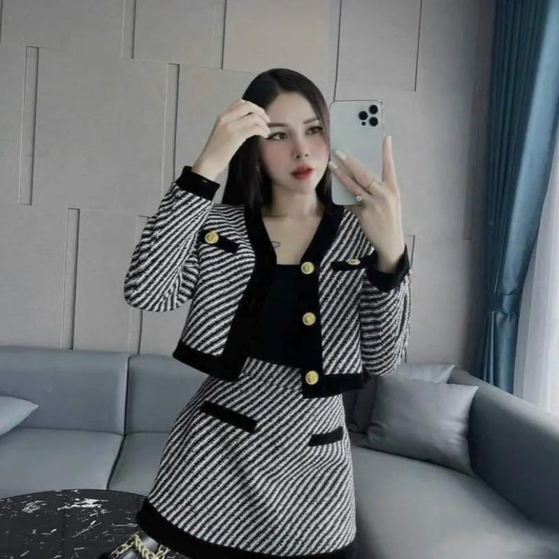 Bộ dạ Tweed nữ cao cấp, Bộ dạ 2 lớp dày dặn phong cách trẻ trung Tay dài Áo Women Top Nhung