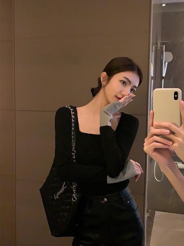 Product Introduction of OOTD Dralon-Áo Cổ Vuông Cho Nữ, Màu Tương Phản, Thiết Kế Phong Cách Pháp Mùa Thu, Dáng Ôm, Giảm Béo Và Ấm Áp, Lớp Đế Trong, Áo Phông 9