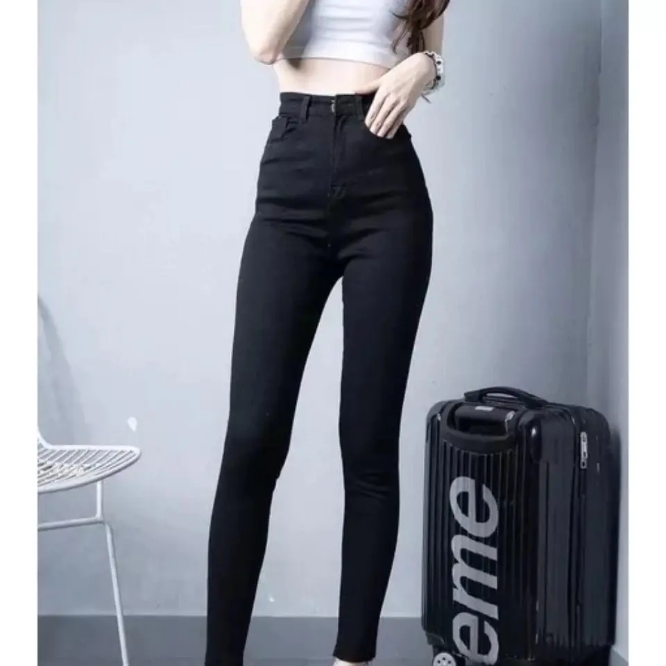 Quần jean nữ lưng cao co giãn quần bò nữ vải skinny màu đen