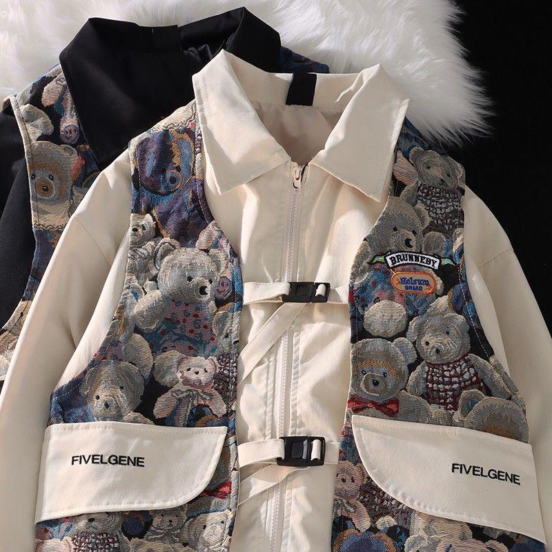Product Introduction of National Fashion Design Sense Niche Fake Two Cute Bear Hoodie Men and Women Loose Oversize Matching Vest Jacket Menswear Coats Tops Collared Lingerie Longsleeve Bestie Casual Collar Dalmatian 7