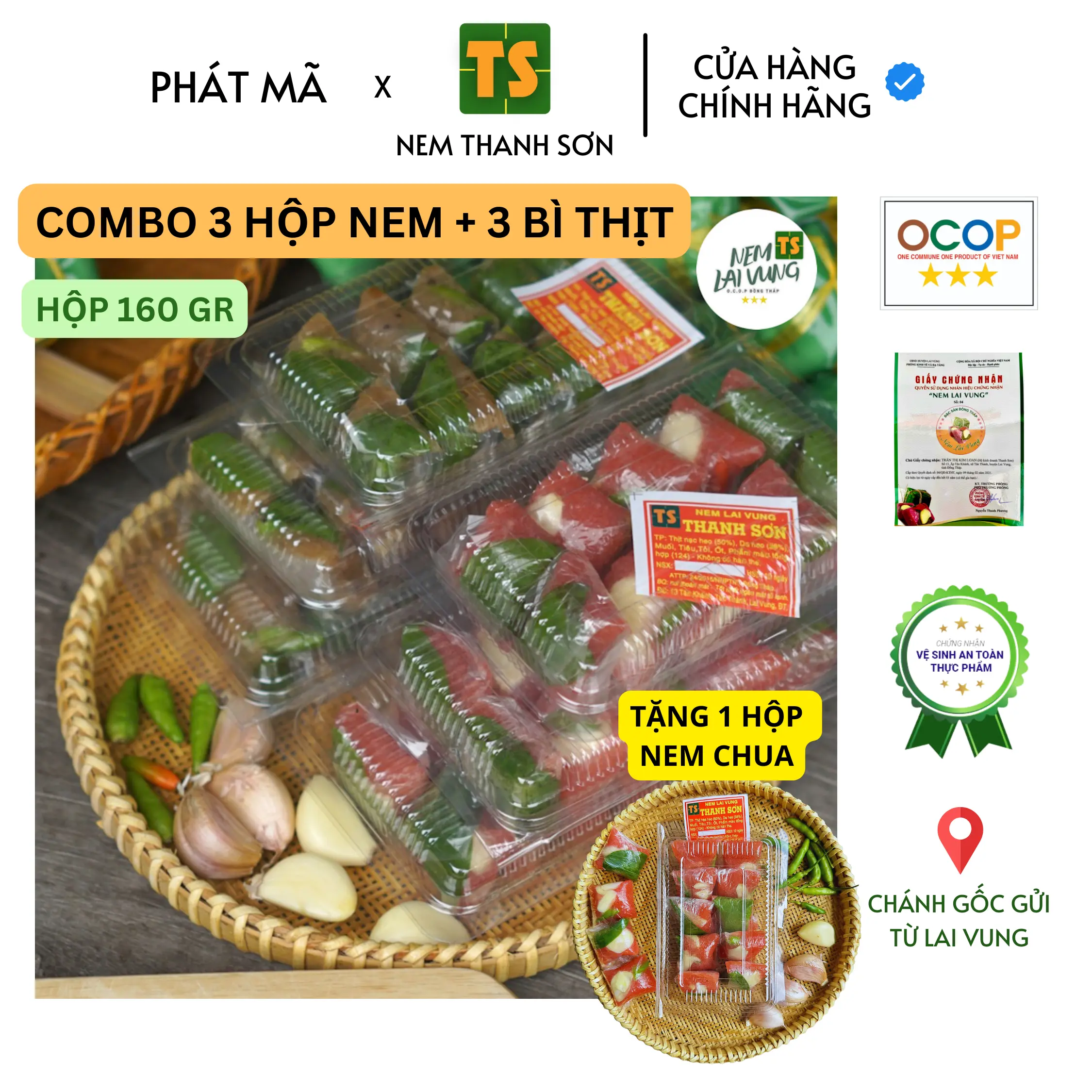 3 Hộp Nem Chua Tỏi Ớt + 3 Hộp Bì Thịt Dai Ớt Xanh - Mỗi Gói 160gr Gồm 10 Chiếc - Đặc sản Lai Vung