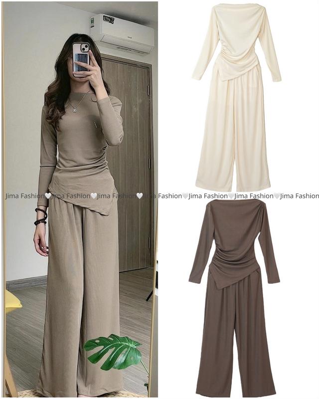 [Bộ Cổ Thuyền Dài Tay 02] Bộ set áo nhún eo cổ thuyền dài tay kèm quần suông chất tăm hàn - 102 cho nữ - Women