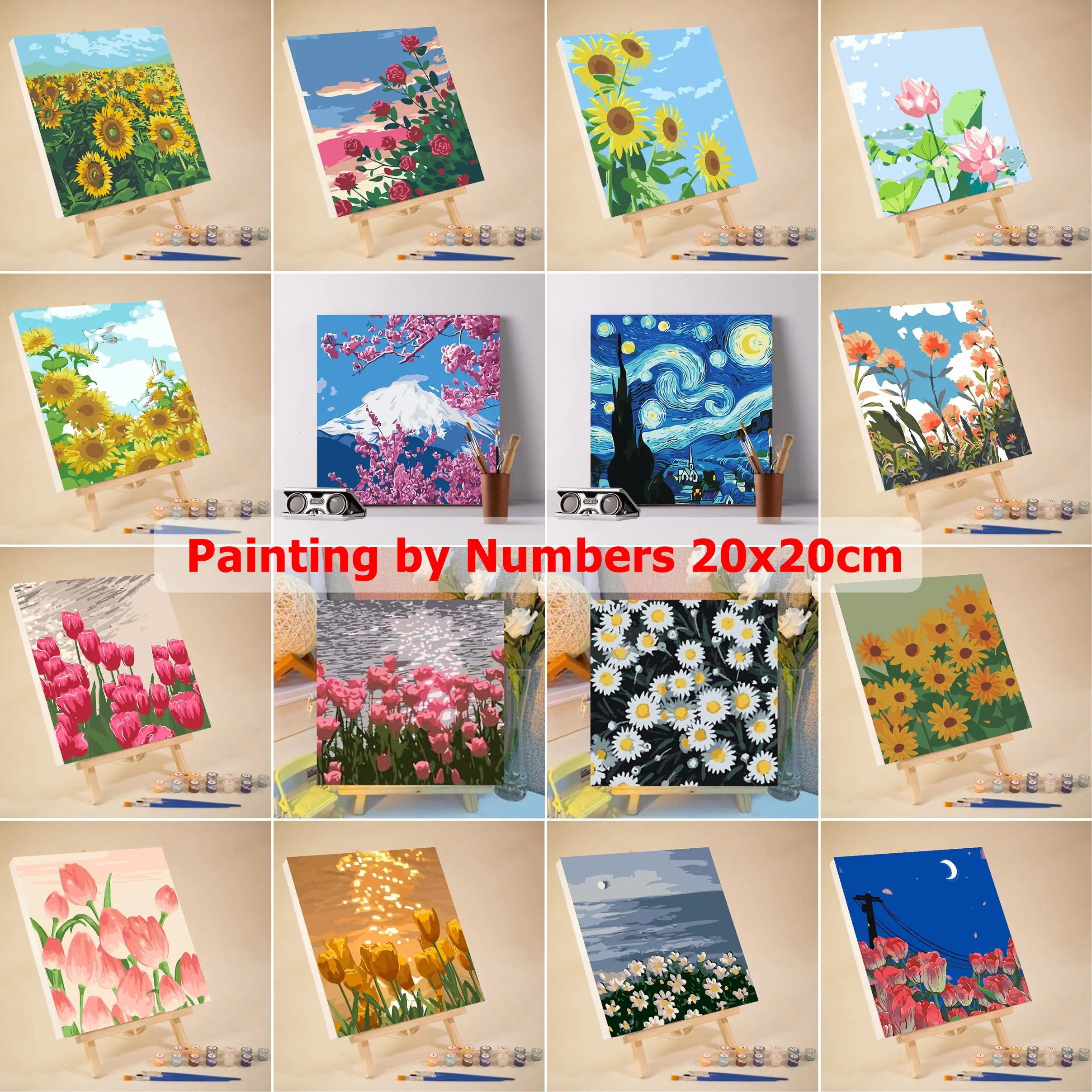 (พร้อมส่ง) ภาพระบายสีตามตัวเลข ขนาด20x20cm แบบขึงเฟรมไม้ งานศิลปะ DIY painting by numbers