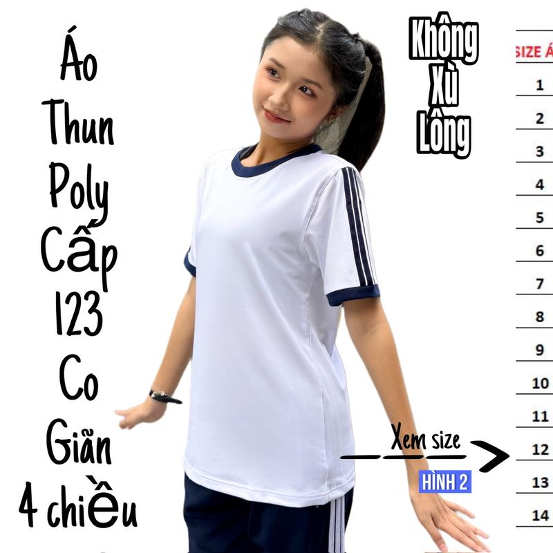Áo Thể Dục Cấp 1 2 3 Thun Trắng Vải Poly Co Giãn 4 Chiều Nam Nữ Sport Top Tập Thể Dục Cổ Tròn Áo Thun - Chất Vải Mịn Thoáng Khí
