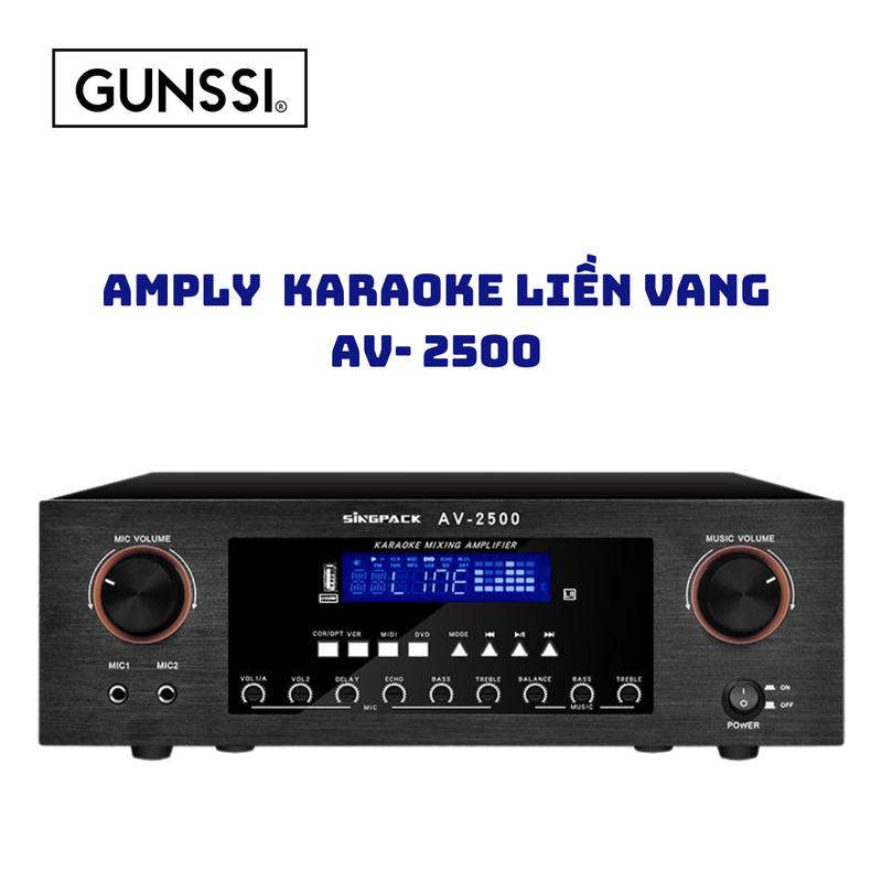 Amply Karaoke Bluetooth Gunssi AV- 2500 có cục đẩy liền vang công suất 150w*2. Ống nguồn Turbo Nghe Nhạc
