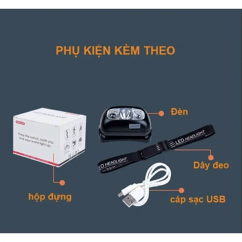 Đèn Pin LED đội đầu cảm biến bằng tay chống nước kèm sạc USB Phụ Kiện 8