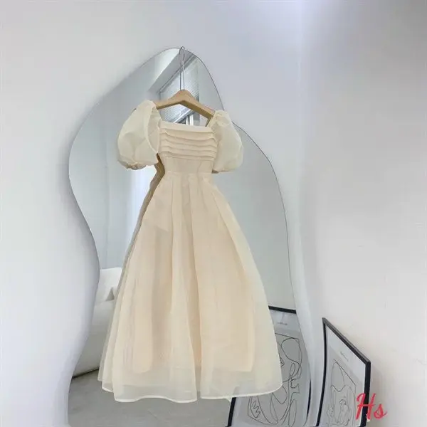 Váy Đầm Công Chúa Chất Liệu Voan Tơ Nến Cổ Vuông, Xếp Ly Ngực, Tay Bồng, Dáng Xoè Xếp Ly, Chun Lưng Thân Sau Dress Nữ váy  trễ vai