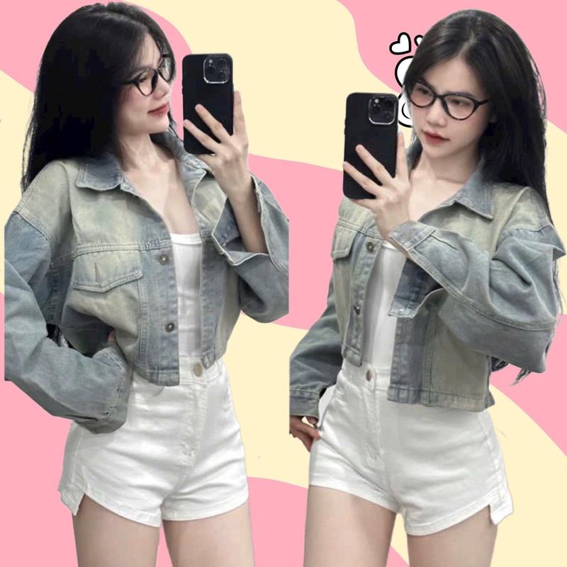 Áo khoác jean lửng croptop 3 nút túi giả nắp basic phối wax Nữ Jacket