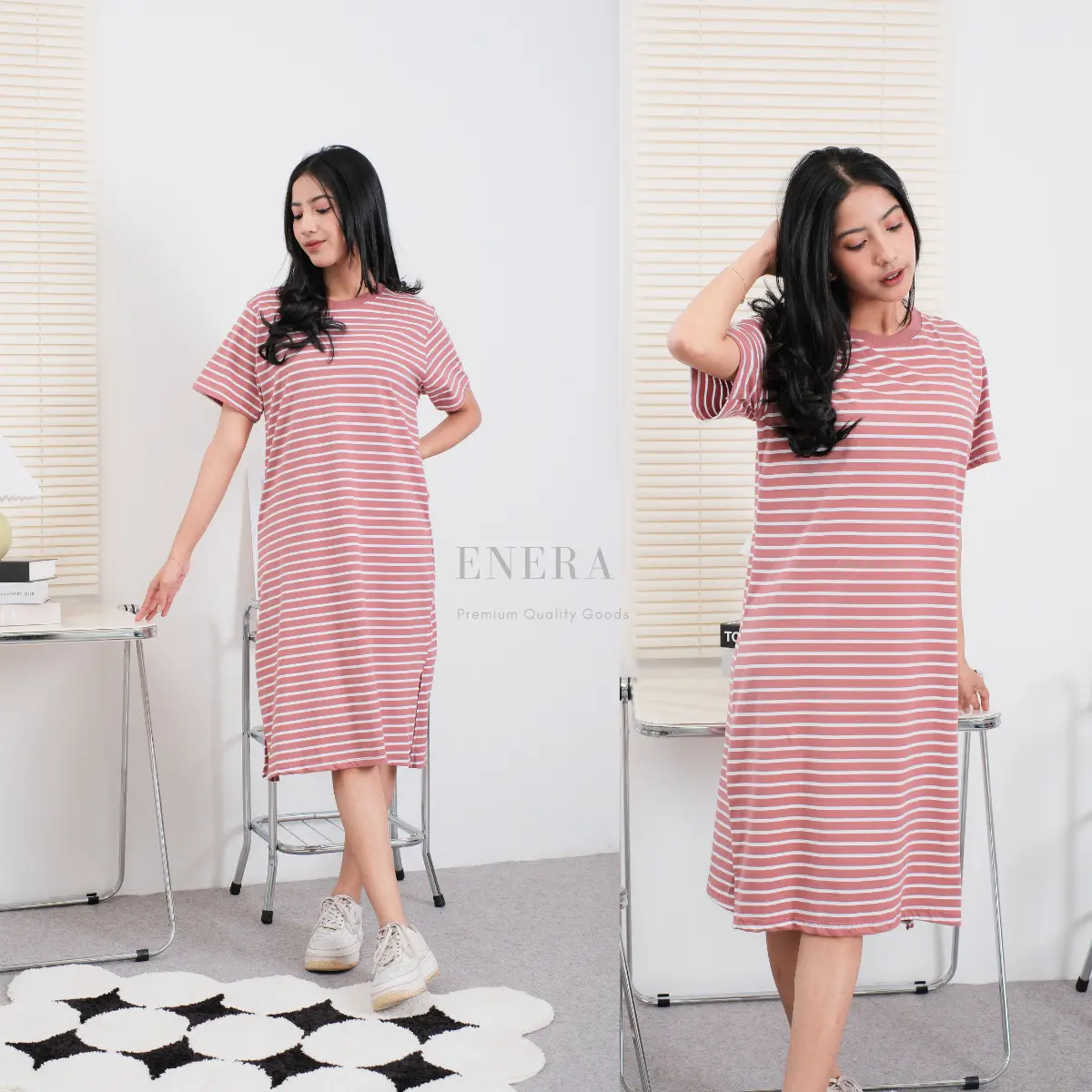 ENERA BASIC - SALUR Dress Katun Combed Midi Casual Wanita Baju Simple