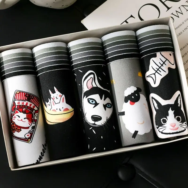 LEBANG Fashion Men Underwear Boxer Cartoon Boxer Shorts for Man Youth Boxer Briefs Underwear Cute Cat Design Men Underwear Set