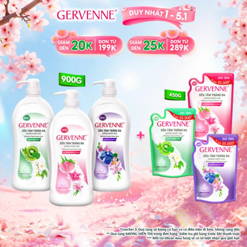   DUY NHẤT 1-5.1  TẶNG TÚI 450G  Sữa tắm trắng dưỡng body hương nước hoa Gervenne 900G + Túi sữa tắm  mùi ngẫu nhiên  450G 