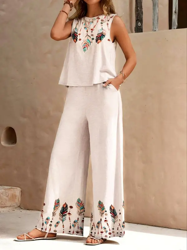 Women's Ethnic Pattern Tank Top & Wide Leg Pants Two-Piece Set, Boho Sleeveless Top & Pants for Beach Vacation Holiday, Ladies Clothes for All Seasons, Womenswear 0