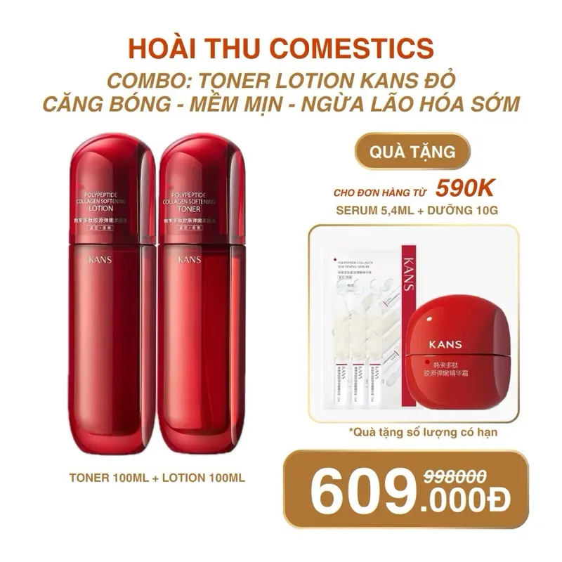 Combo 2 Bước Dưỡng KANS Đỏ Collagen Dưỡng Ẩm Căng Bóng - Mềm Mịn Da & Ngừa Lão Hoá: Toner Lotion