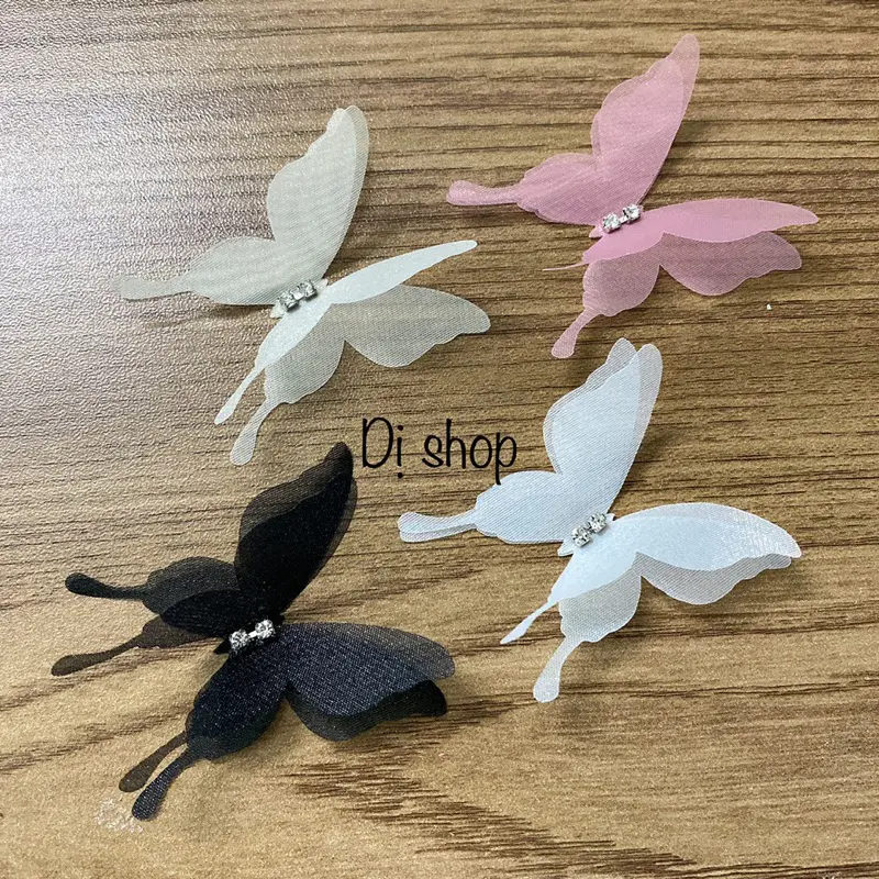 set 5 BƯỚM TRANG TRÍ ĐÍNH ĐÁ SIZE 5x4.5cm voan Hàn ( khâu chỉ lên vải)