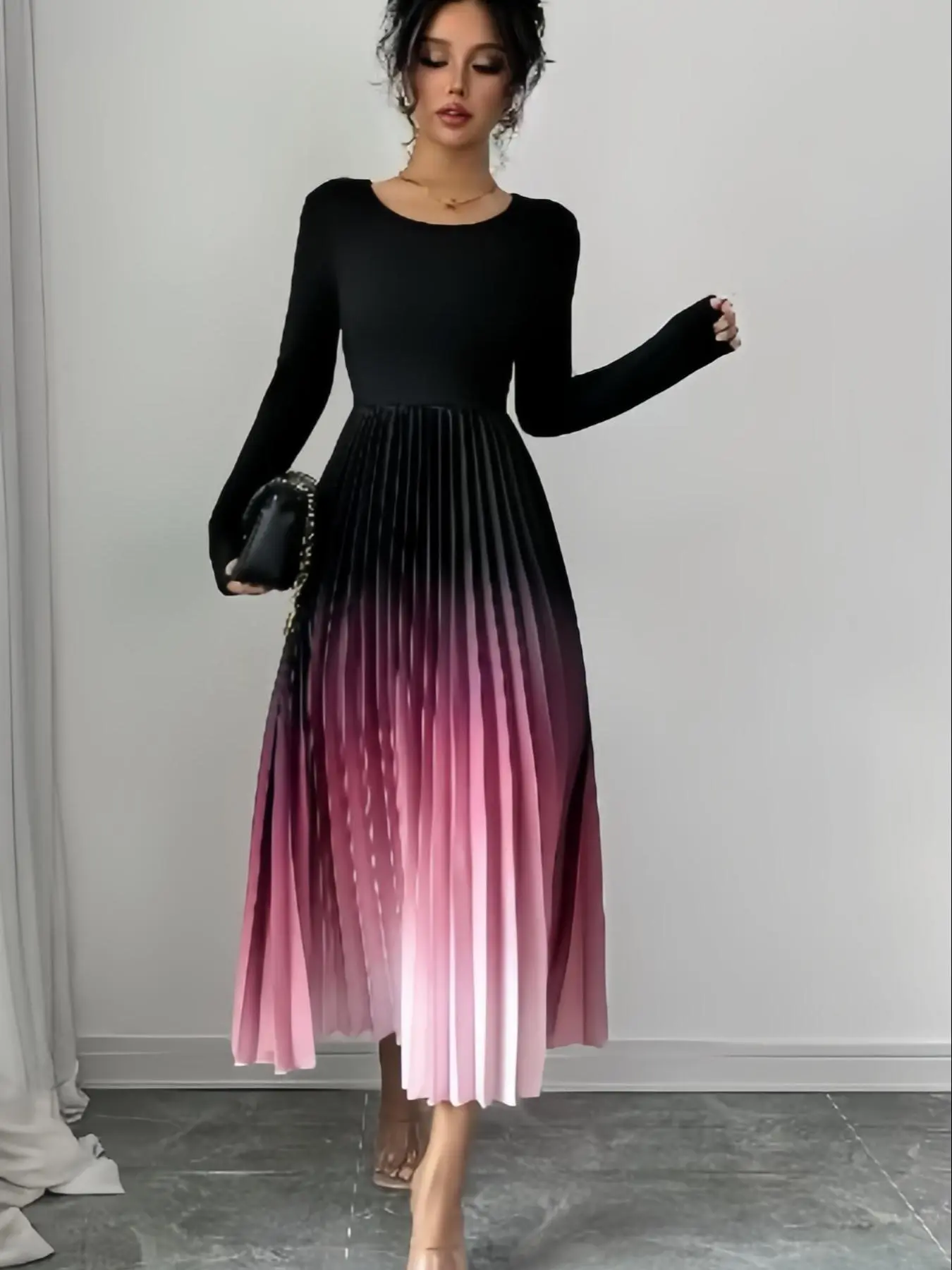 Women's Ombre Print Pleated A Line Dress, Elegant Long Sleeve Round Neck Midi Dress for Party Holiday Wedding Guest, Dresses for Women, Ladies Clothes for All Seasons, Party Dresses