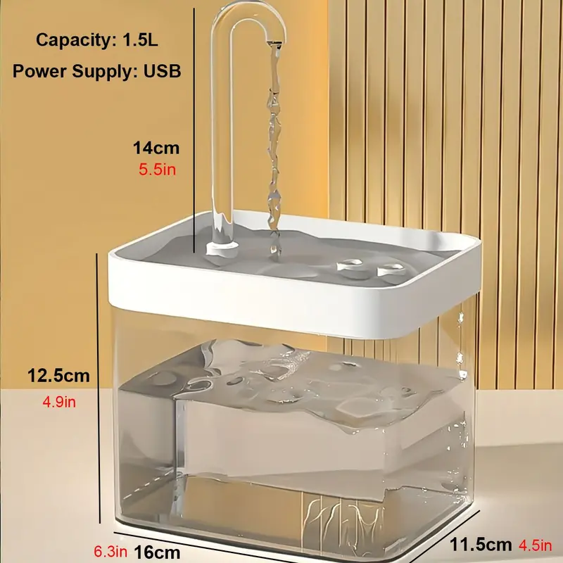 Pet Drinking Fountain, 1.5l Clear USB Rechargeable Automatic Water Bowl With Elbow, Feeding Supplies For Cats, Dogs & Birds 1