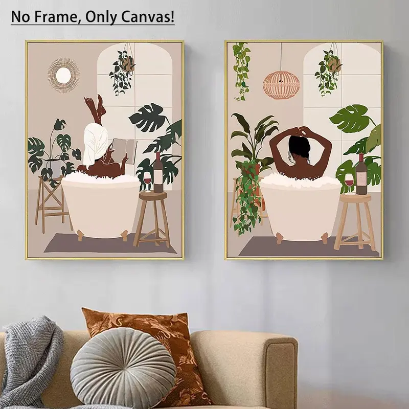 Bathroom Canvas Painting without Frame, 2 Counts Modern African American Woman in Bathroom Pattern Wall Art, Wall Decor for Home Bedroom Bathroom 0
