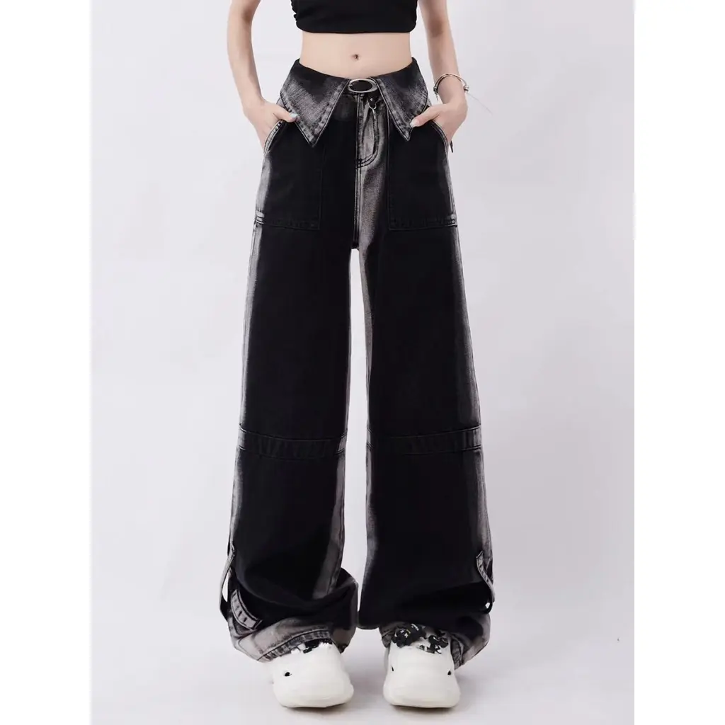 Red American dopamin high street cuffed jeans wanita musim panas desain baru rasa celana lebar kaki longgar dan tipis semua cocok Panjang Denim
