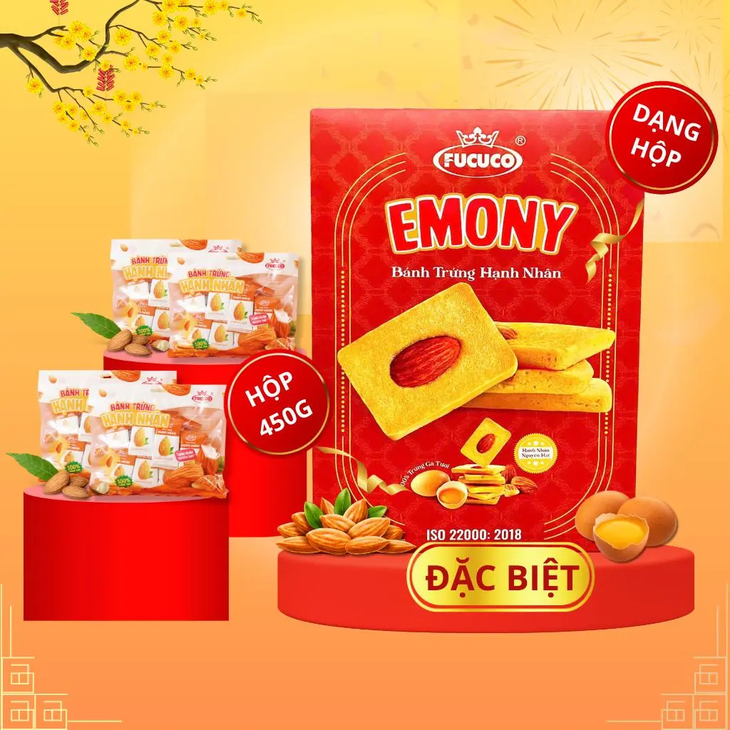 Bánh Trứng Hạnh Nhân FUCUCO Healthy, Ít Ngọt Phiên Bản Hộp Quà Tết 450g [40 - 44 cái]