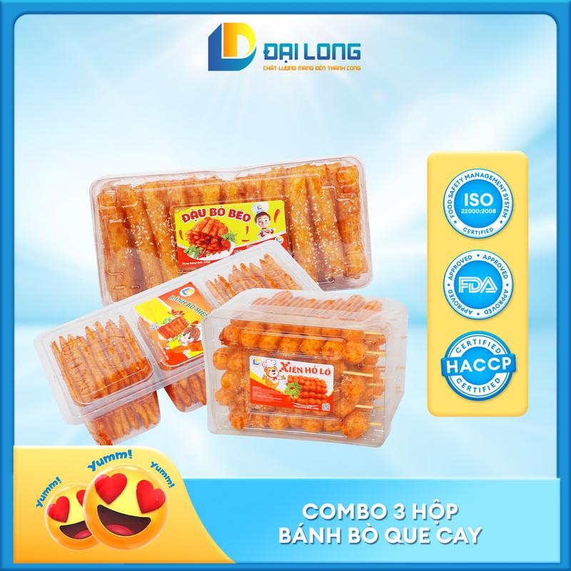 COMBO que cay chính hãng Đại Long 3 hộp bánh bò miếng vừng xiên hồ lô quẩy bò đồ ăn vặt que cay cổng trường giá ưu đãi Snack Chua mieng an