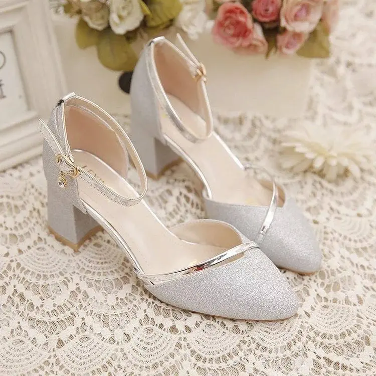 Summer New Toe Cap Sandals Women's Korean-Style Pointed Toe Root Women's Chunky Heels Buckle Fashion Sandals