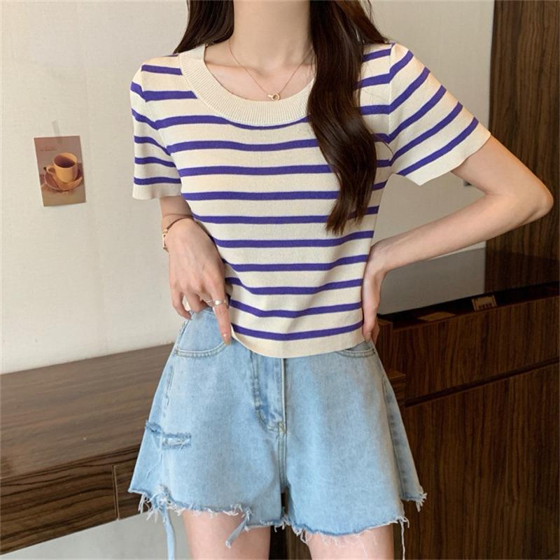 COD- Atasan Wanita Rajut Salur (A315) / Atasan Wanita Crop Top Lengan Pendek Korean lucu 2