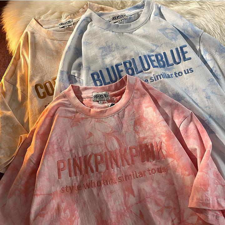 Product Introduction of Tie-Dye Top T-Shirt Embroidered Letters Couple Outfit Best Friend Outfit Short Sleeve T-Shirt Women Summer Loose Casual Top T-Shirt 2