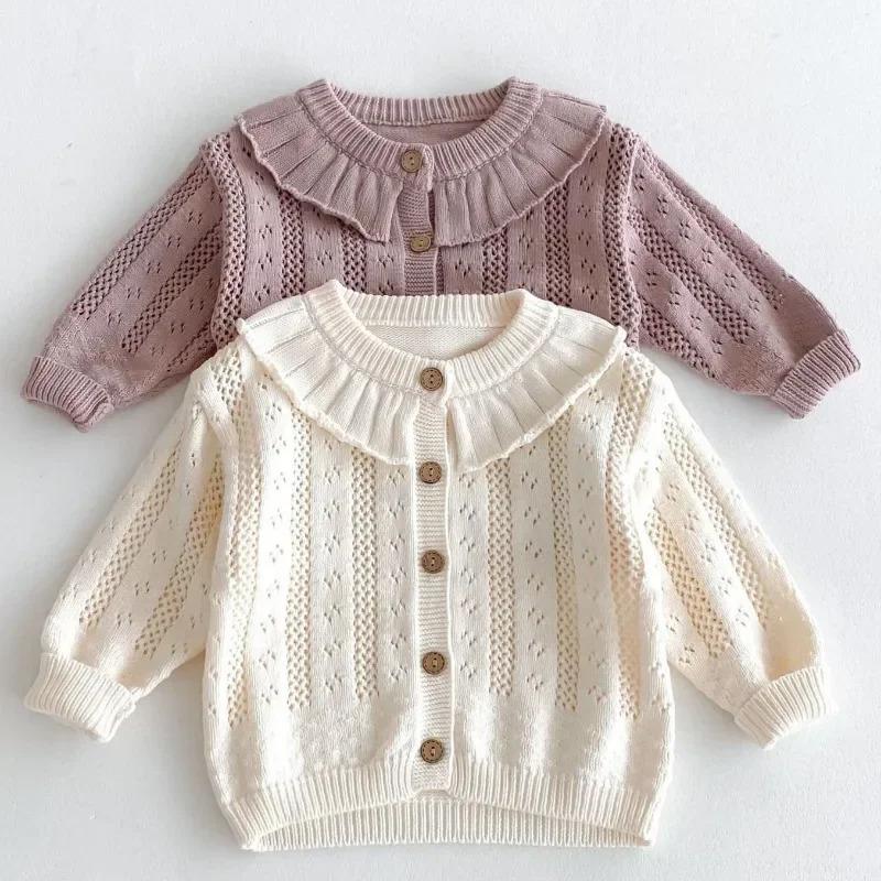 Korean Baby Girl Autumn Hollow Out Sweater Cardigan Kids Fashion Cotton Ruffle Collar Knitted Jacket Spring Solid Outerwear Coat 1