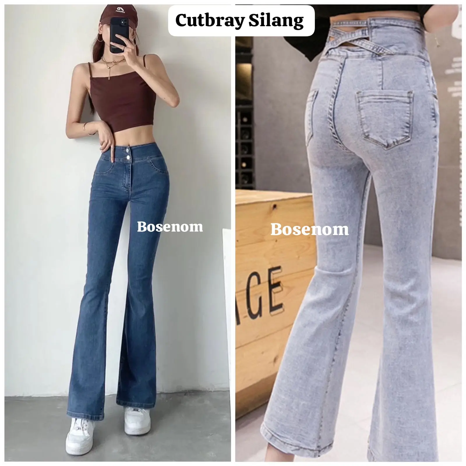 BOSENOM-HW Cutbray Pinggang Silang Wanita Celana Jins Stretch Celana Denim Silang Double Kancing Depan Polos Jeans Melar cutbray jeans wanita